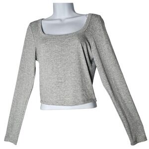 NWT Wild Fable Women's Grey Ribbed Square Neck Long Sleeve Cropped Top Size M